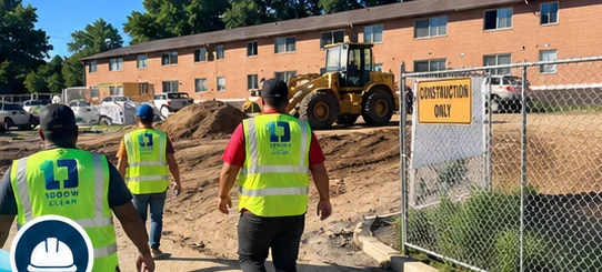 10dow Clean crew in branded safety vests walking an active construction site beside a fenced brick apartment building