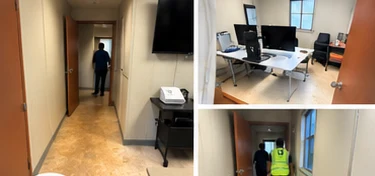 Interior of construction site trailers and offices being detail cleaned by a crew member
